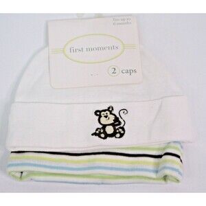 First Moments Baby Monkey Caps 2 Pack  Striped Blue Green Brown size 6 Months